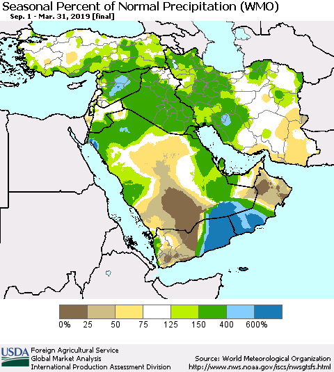 Middle East and Turkey Seasonal Percent of Normal Precipitation (WMO) Thematic Map For 9/1/2018 - 3/31/2019