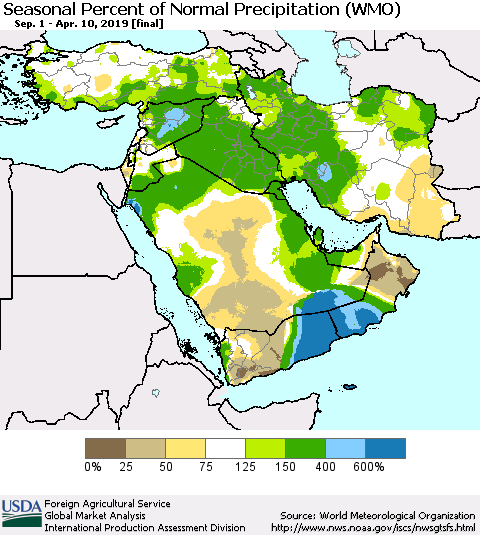 Middle East and Turkey Seasonal Percent of Normal Precipitation (WMO) Thematic Map For 9/1/2018 - 4/10/2019