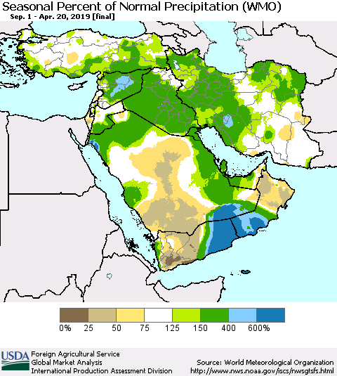 Middle East and Turkey Seasonal Percent of Normal Precipitation (WMO) Thematic Map For 9/1/2018 - 4/20/2019