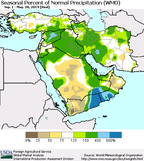 Middle East and Turkey Seasonal Percent of Normal Precipitation (WMO) Thematic Map For 9/1/2018 - 5/20/2019