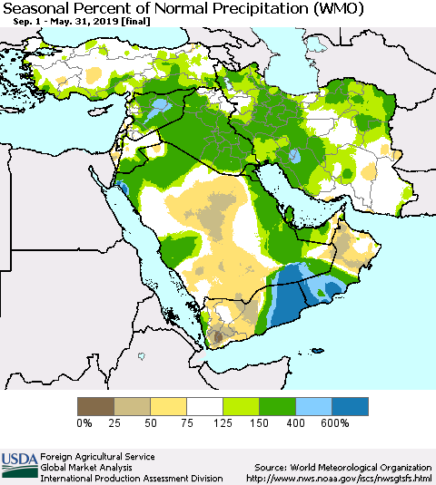 Middle East and Turkey Seasonal Percent of Normal Precipitation (WMO) Thematic Map For 9/1/2018 - 5/31/2019