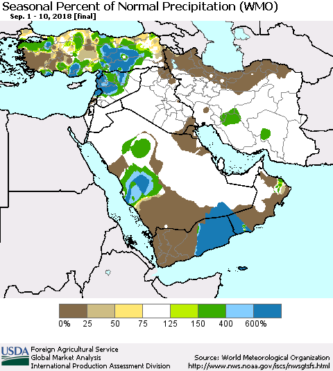 Middle East and Turkey Seasonal Percent of Normal Precipitation (WMO) Thematic Map For 9/1/2018 - 9/10/2018