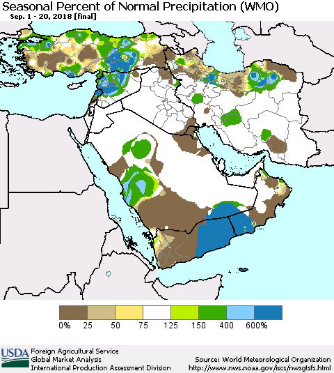 Middle East and Turkey Seasonal Percent of Normal Precipitation (WMO) Thematic Map For 9/1/2018 - 9/20/2018
