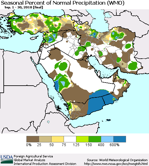 Middle East and Turkey Seasonal Percent of Normal Precipitation (WMO) Thematic Map For 9/1/2018 - 9/30/2018