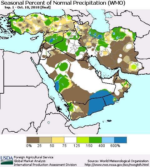 Middle East and Turkey Seasonal Percent of Normal Precipitation (WMO) Thematic Map For 9/1/2018 - 10/10/2018