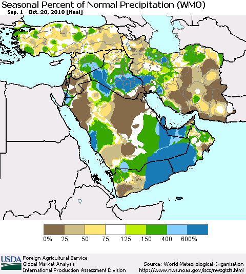 Middle East and Turkey Seasonal Percent of Normal Precipitation (WMO) Thematic Map For 9/1/2018 - 10/20/2018