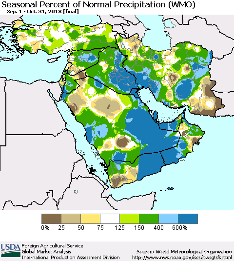 Middle East and Turkey Seasonal Percent of Normal Precipitation (WMO) Thematic Map For 9/1/2018 - 10/31/2018