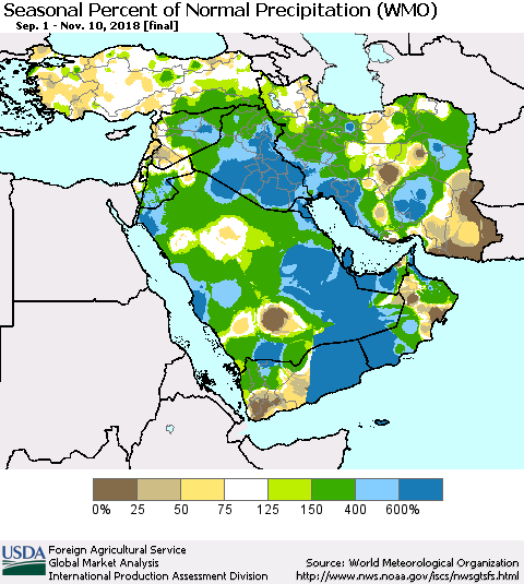 Middle East and Turkey Seasonal Percent of Normal Precipitation (WMO) Thematic Map For 9/1/2018 - 11/10/2018