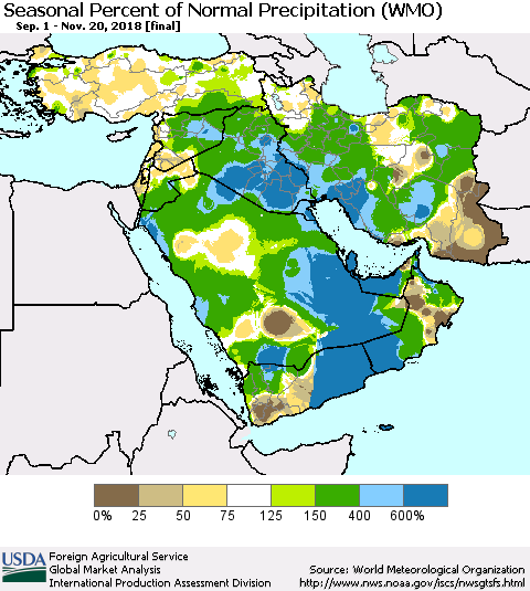 Middle East and Turkey Seasonal Percent of Normal Precipitation (WMO) Thematic Map For 9/1/2018 - 11/20/2018