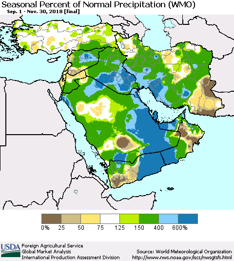 Middle East and Turkey Seasonal Percent of Normal Precipitation (WMO) Thematic Map For 9/1/2018 - 11/30/2018