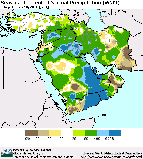 Middle East and Turkey Seasonal Percent of Normal Precipitation (WMO) Thematic Map For 9/1/2018 - 12/10/2018