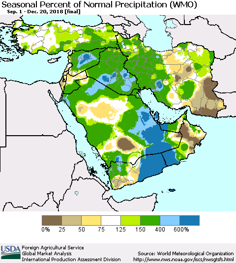 Middle East and Turkey Seasonal Percent of Normal Precipitation (WMO) Thematic Map For 9/1/2018 - 12/20/2018