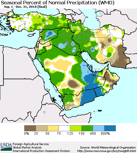 Middle East and Turkey Seasonal Percent of Normal Precipitation (WMO) Thematic Map For 9/1/2018 - 12/31/2018