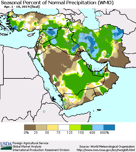 Middle East and Turkey Seasonal Percent of Normal Precipitation (WMO) Thematic Map For 4/1/2019 - 4/10/2019