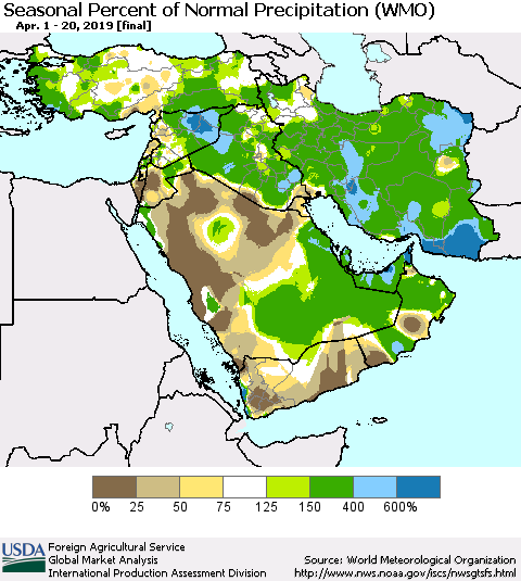 Middle East and Turkey Seasonal Percent of Normal Precipitation (WMO) Thematic Map For 4/1/2019 - 4/20/2019