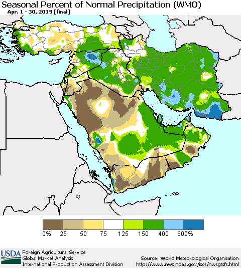 Middle East and Turkey Seasonal Percent of Normal Precipitation (WMO) Thematic Map For 4/1/2019 - 4/30/2019