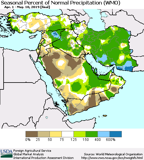 Middle East and Turkey Seasonal Percent of Normal Precipitation (WMO) Thematic Map For 4/1/2019 - 5/10/2019