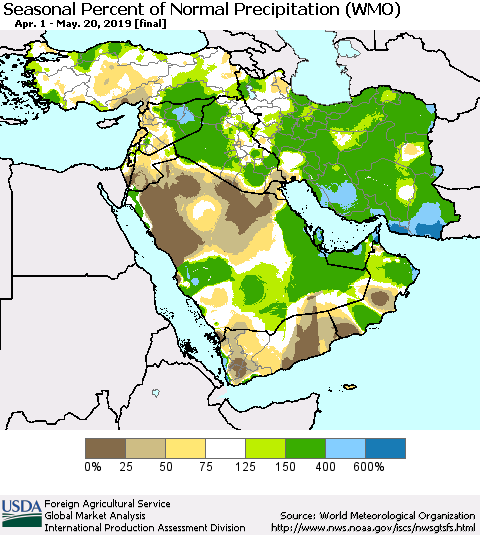 Middle East and Turkey Seasonal Percent of Normal Precipitation (WMO) Thematic Map For 4/1/2019 - 5/20/2019