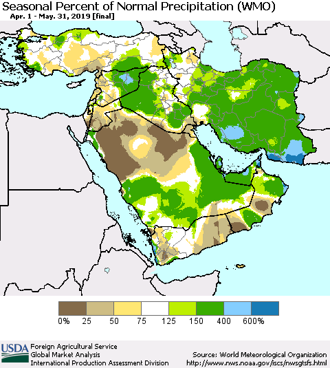 Middle East and Turkey Seasonal Percent of Normal Precipitation (WMO) Thematic Map For 4/1/2019 - 5/31/2019