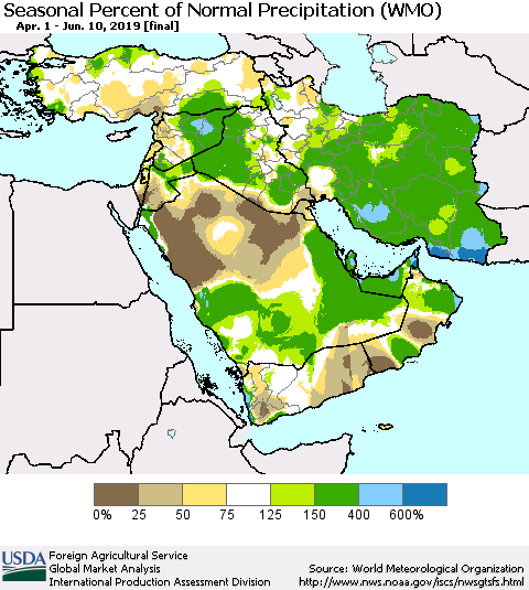 Middle East and Turkey Seasonal Percent of Normal Precipitation (WMO) Thematic Map For 4/1/2019 - 6/10/2019