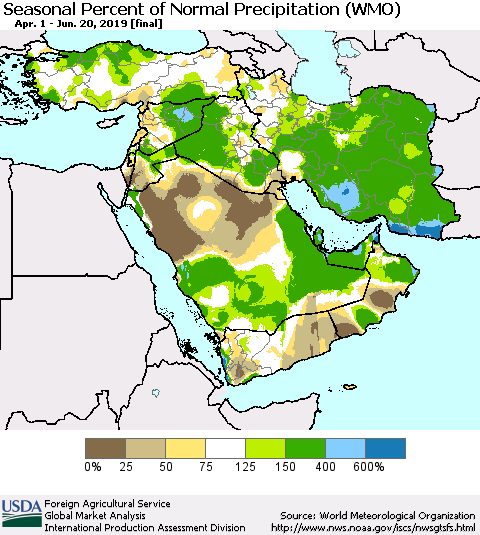 Middle East and Turkey Seasonal Percent of Normal Precipitation (WMO) Thematic Map For 4/1/2019 - 6/20/2019