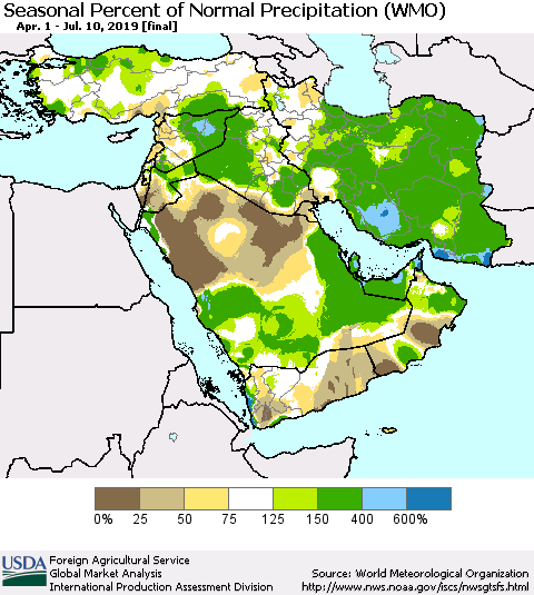 Middle East and Turkey Seasonal Percent of Normal Precipitation (WMO) Thematic Map For 4/1/2019 - 7/10/2019