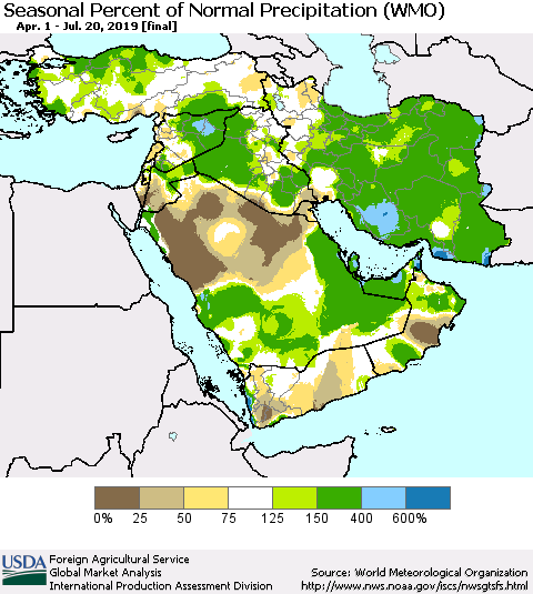 Middle East and Turkey Seasonal Percent of Normal Precipitation (WMO) Thematic Map For 4/1/2019 - 7/20/2019