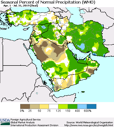 Middle East and Turkey Seasonal Percent of Normal Precipitation (WMO) Thematic Map For 4/1/2019 - 7/31/2019