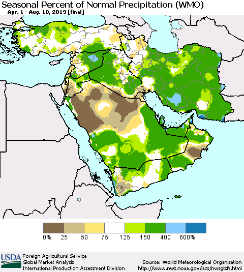 Middle East and Turkey Seasonal Percent of Normal Precipitation (WMO) Thematic Map For 4/1/2019 - 8/10/2019