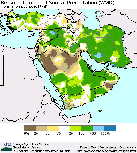 Middle East and Turkey Seasonal Percent of Normal Precipitation (WMO) Thematic Map For 4/1/2019 - 8/20/2019