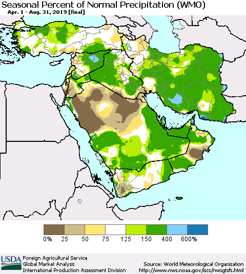 Middle East and Turkey Seasonal Percent of Normal Precipitation (WMO) Thematic Map For 4/1/2019 - 8/31/2019