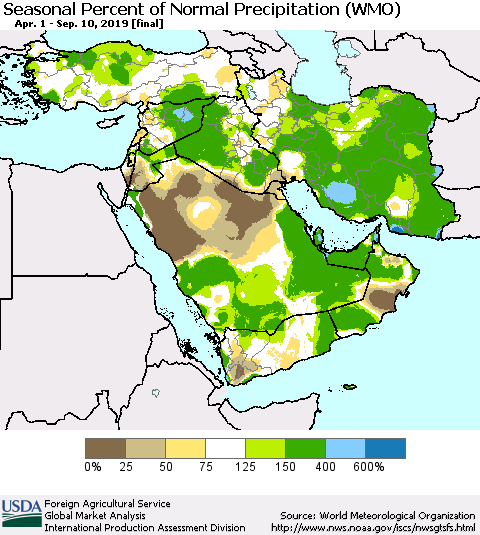 Middle East and Turkey Seasonal Percent of Normal Precipitation (WMO) Thematic Map For 4/1/2019 - 9/10/2019