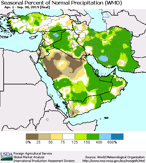 Middle East and Turkey Seasonal Percent of Normal Precipitation (WMO) Thematic Map For 4/1/2019 - 9/30/2019