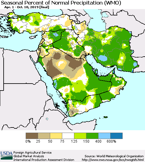 Middle East and Turkey Seasonal Percent of Normal Precipitation (WMO) Thematic Map For 4/1/2019 - 10/10/2019