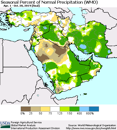 Middle East and Turkey Seasonal Percent of Normal Precipitation (WMO) Thematic Map For 4/1/2019 - 10/20/2019