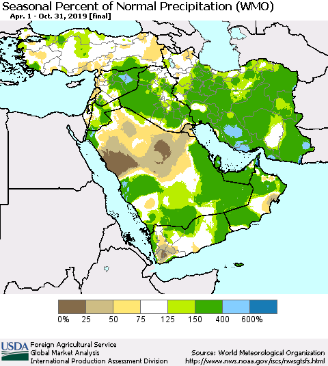 Middle East and Turkey Seasonal Percent of Normal Precipitation (WMO) Thematic Map For 4/1/2019 - 10/31/2019