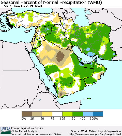 Middle East and Turkey Seasonal Percent of Normal Precipitation (WMO) Thematic Map For 4/1/2019 - 11/10/2019