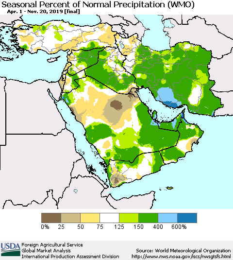 Middle East and Turkey Seasonal Percent of Normal Precipitation (WMO) Thematic Map For 4/1/2019 - 11/20/2019