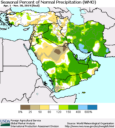 Middle East and Turkey Seasonal Percent of Normal Precipitation (WMO) Thematic Map For 4/1/2019 - 11/30/2019