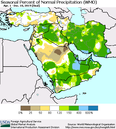 Middle East and Turkey Seasonal Percent of Normal Precipitation (WMO) Thematic Map For 4/1/2019 - 12/10/2019