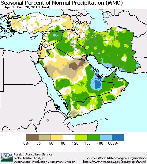 Middle East and Turkey Seasonal Percent of Normal Precipitation (WMO) Thematic Map For 4/1/2019 - 12/20/2019