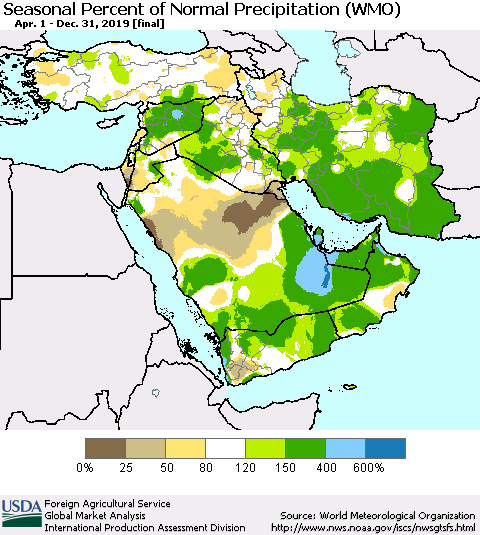 Middle East and Turkey Seasonal Percent of Normal Precipitation (WMO) Thematic Map For 4/1/2019 - 12/31/2019