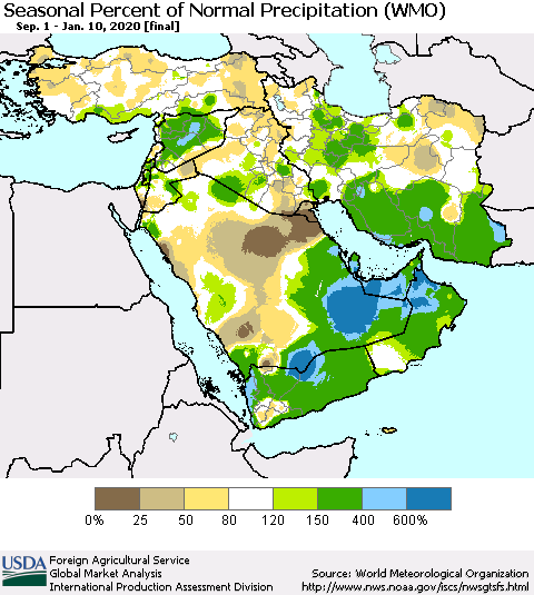 Middle East and Turkey Seasonal Percent of Normal Precipitation (WMO) Thematic Map For 9/1/2019 - 1/10/2020
