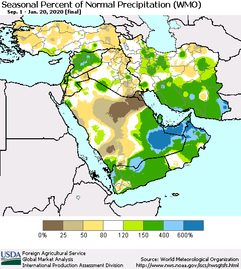 Middle East and Turkey Seasonal Percent of Normal Precipitation (WMO) Thematic Map For 9/1/2019 - 1/20/2020
