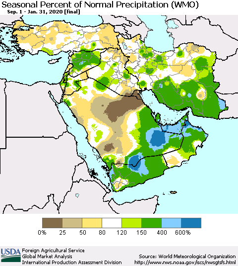 Middle East and Turkey Seasonal Percent of Normal Precipitation (WMO) Thematic Map For 9/1/2019 - 1/31/2020