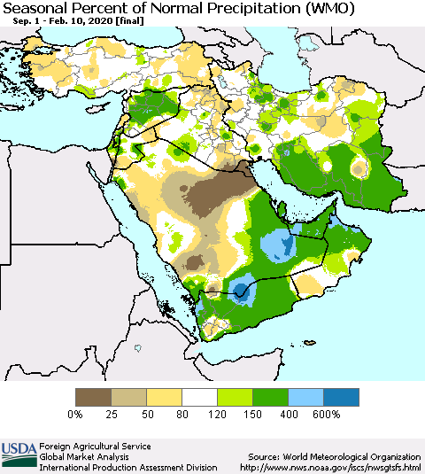 Middle East and Turkey Seasonal Percent of Normal Precipitation (WMO) Thematic Map For 9/1/2019 - 2/10/2020