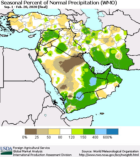 Middle East and Turkey Seasonal Percent of Normal Precipitation (WMO) Thematic Map For 9/1/2019 - 2/20/2020