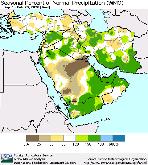 Middle East and Turkey Seasonal Percent of Normal Precipitation (WMO) Thematic Map For 9/1/2019 - 2/29/2020