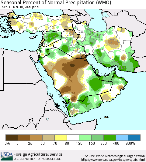 Middle East and Turkey Seasonal Percent of Normal Precipitation (WMO) Thematic Map For 9/1/2019 - 3/10/2020