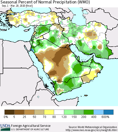 Middle East and Turkey Seasonal Percent of Normal Precipitation (WMO) Thematic Map For 9/1/2019 - 3/20/2020